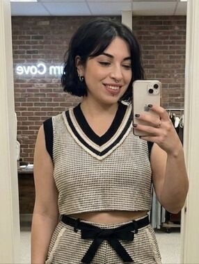 NEW POL 100% Cotton Woven Cream Black Gold Thread Lace Trim Crop Top Vest
